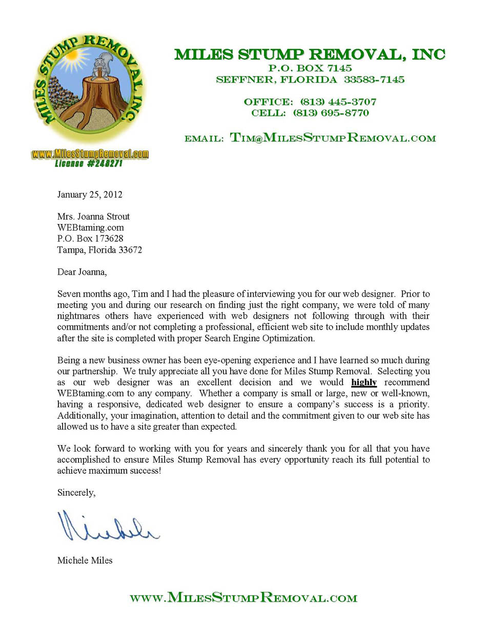 Miles Stump Removal Reference Letter